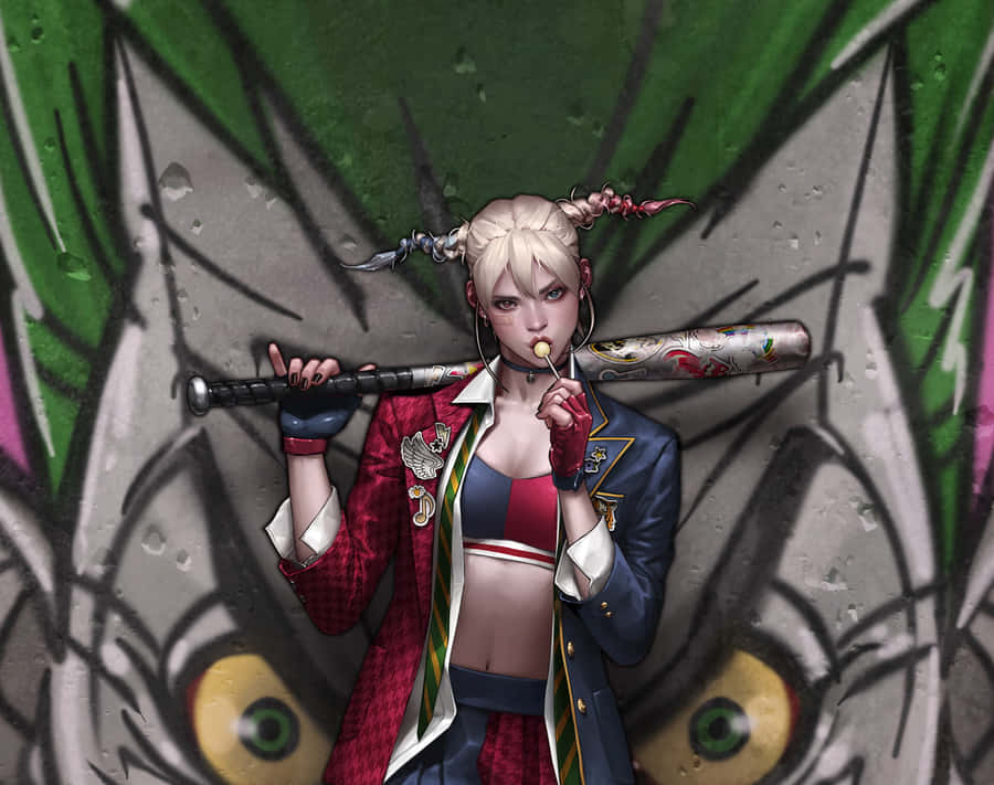 Harley Quinn Wielding Her Iconic Baseball Bat Wallpaper