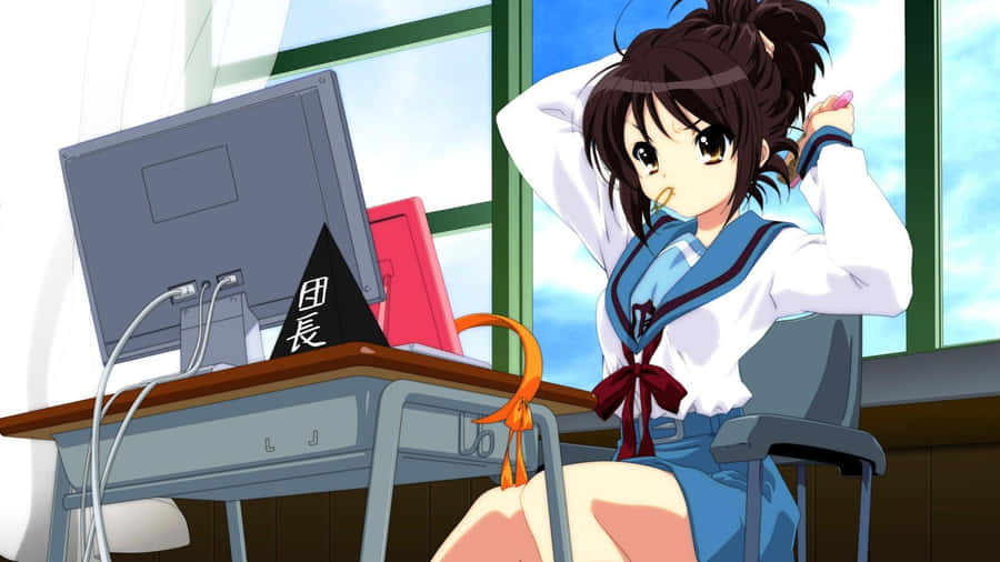 Haruhi Suzumiya Posing With A Megaphone In A Vibrant Scene Wallpaper