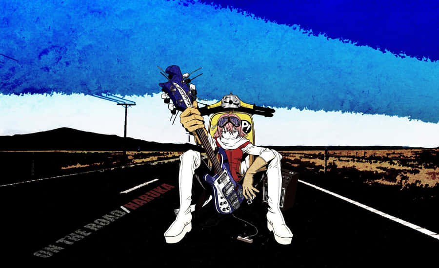 Haruko Haruhara Posing With Her Guitar In An Action-packed Scene Wallpaper