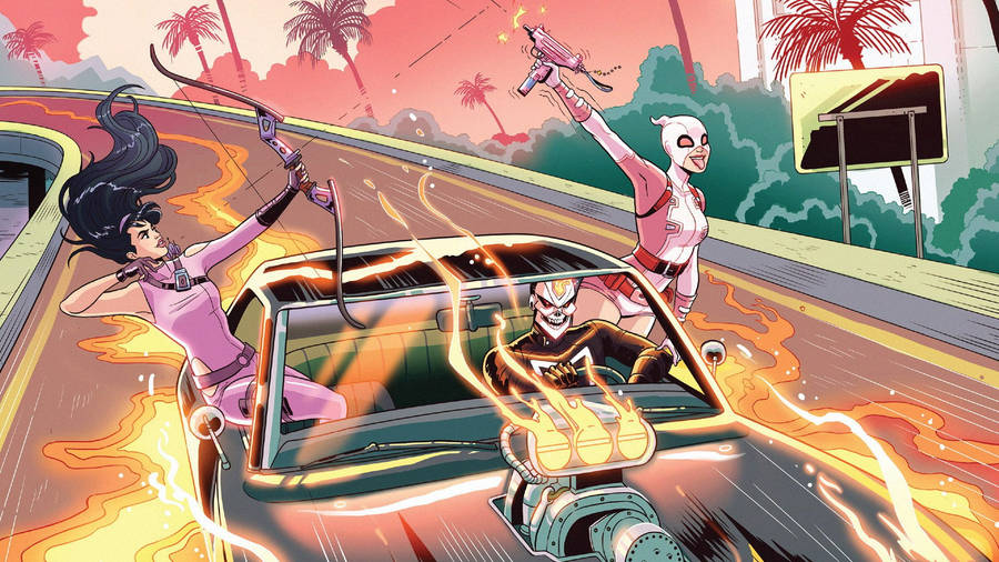 Hawkeye Gwenpool Ghost Rider On Fire Car Wallpaper