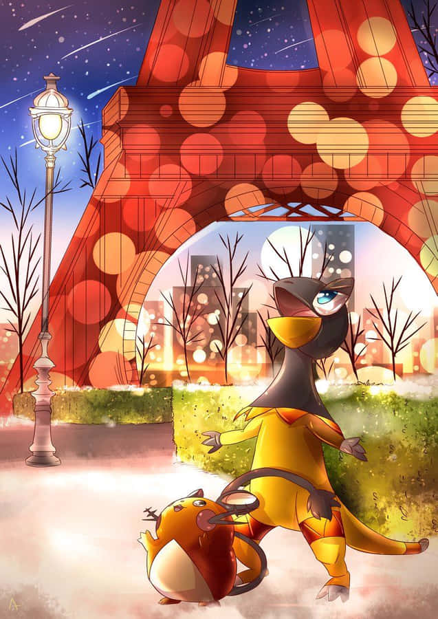 Heliolisk And Dedenne With Eiffel Tower Wallpaper