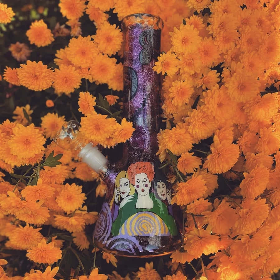Hocus Pocus Themed Bong Among Orange Flowers Wallpaper