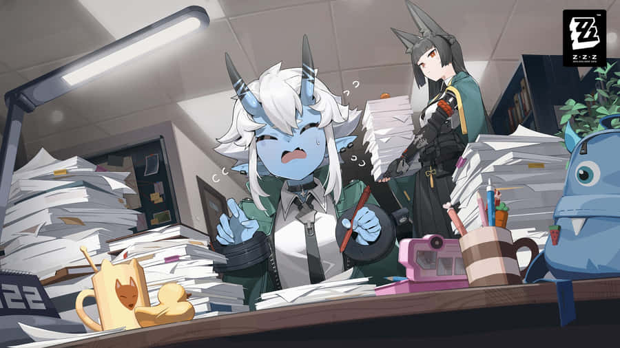 Hoshimi Miyabi Office Chaos Wallpaper