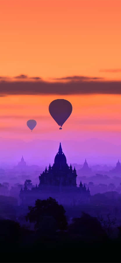 Hot Air Balloon In Purple Sky In Bagan, Near Mandalay Wallpaper