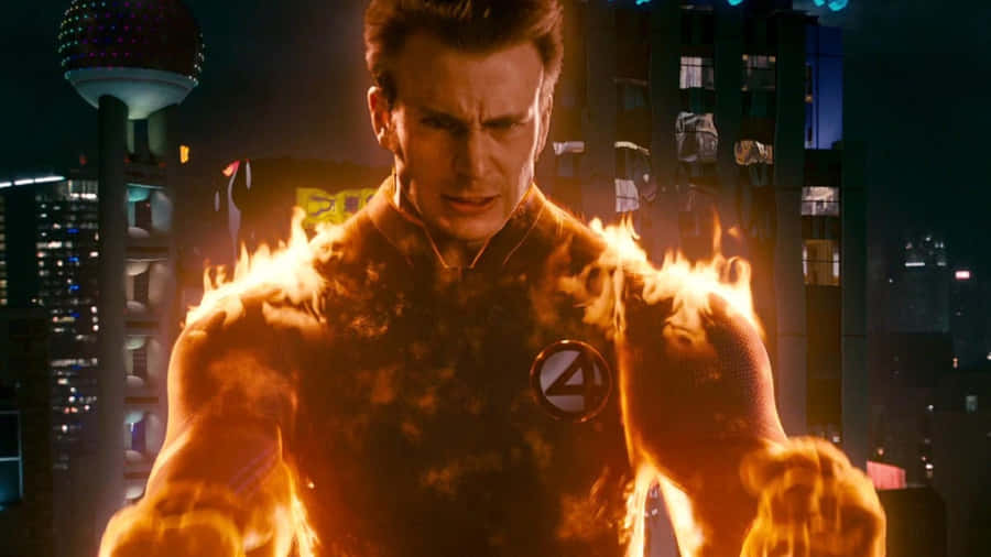 Human Torch Flame On Night City Backdrop Wallpaper