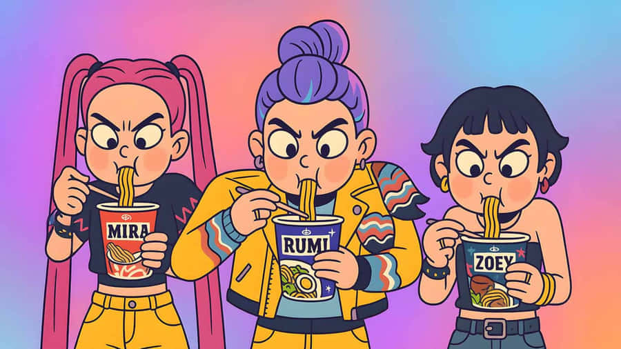 Huntrix Characters Eating Noodles Wallpaper