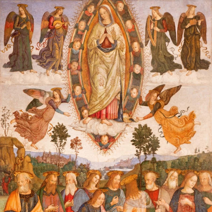 Immaculate Mary Carried By Angels Wallpaper