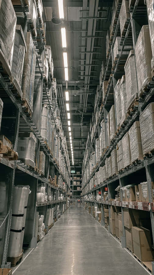 Industrial Warehouse Aisle Storage Wallpaper