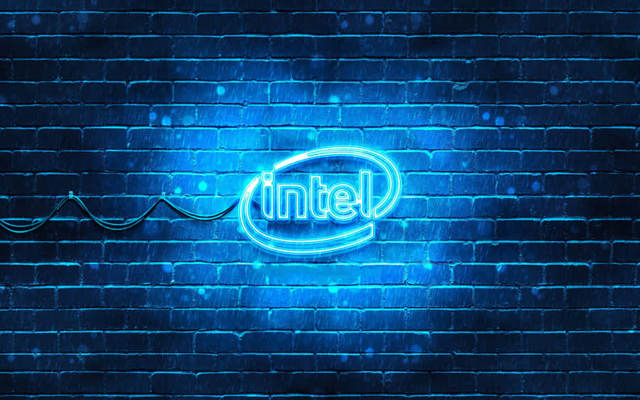 Intel Neon Sign Blue Brick Wall Wallpaper
