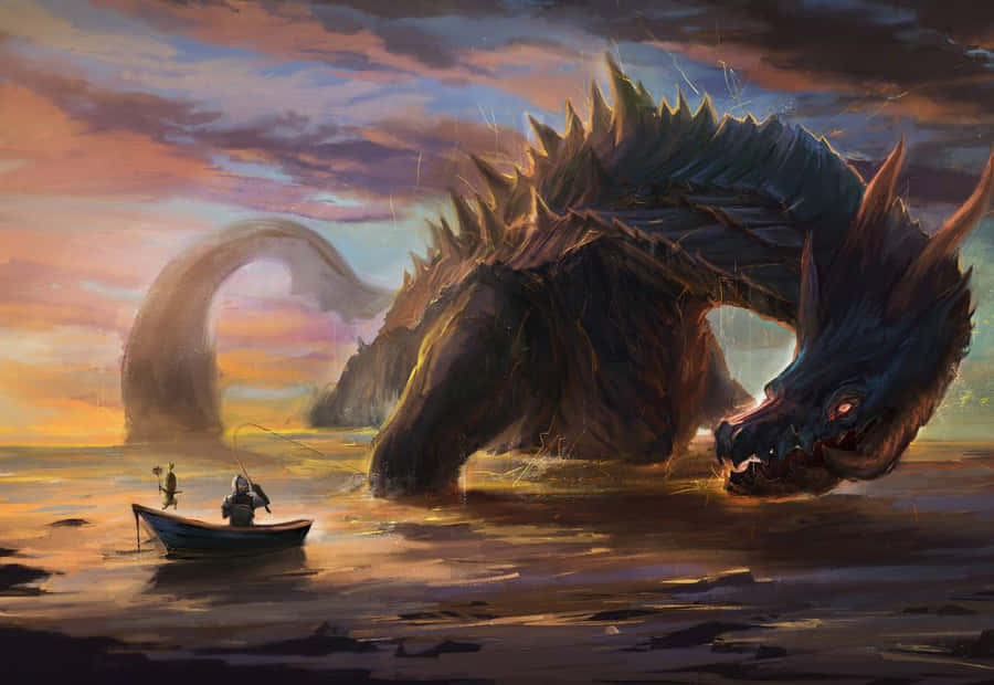 Intense Battle With A Majestic Monster In Monster Hunter Series Wallpaper