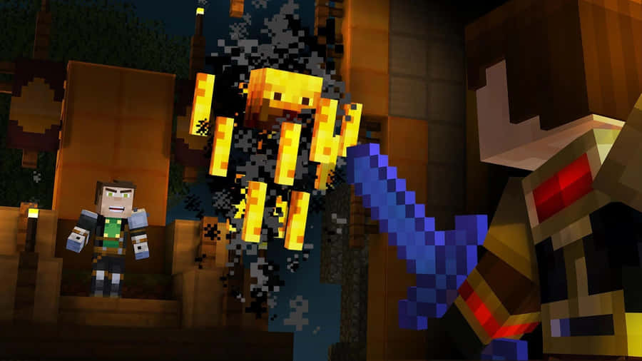 Intense Battle With A Minecraft Blaze In The Nether Wallpaper