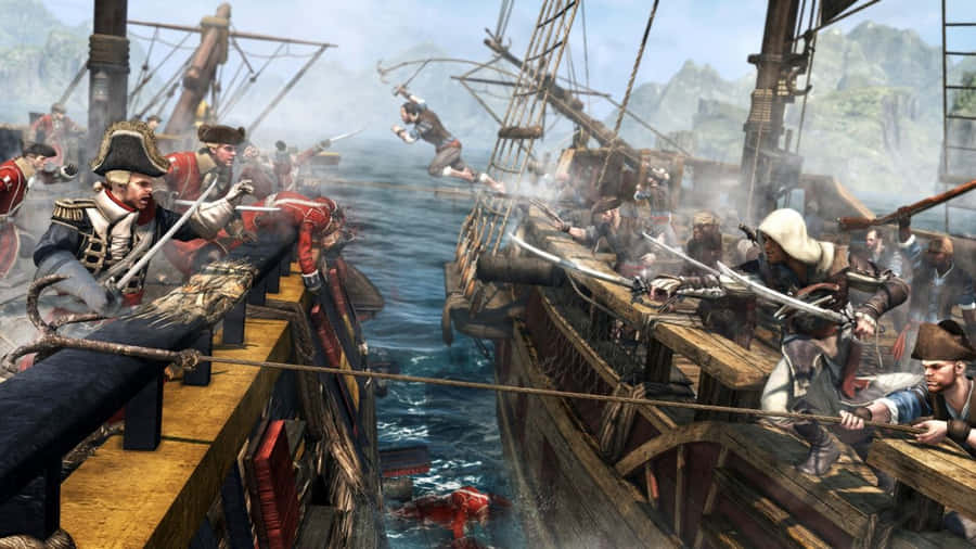 Intense Ship Combat Scene From Assassin's Creed 4: Black Flag Wallpaper