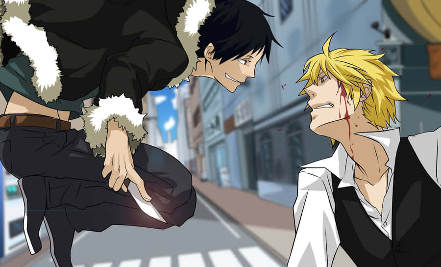 Izaya Orihara Smirking Amidst The Cityscape Wallpaper