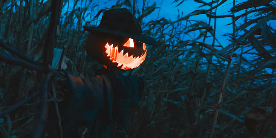 Jacko Lantern Scarecrowin Cornfieldat Night Wallpaper