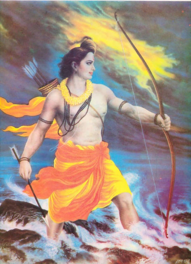 Jai Shri Ram Rama Standing On Waves Wallpaper