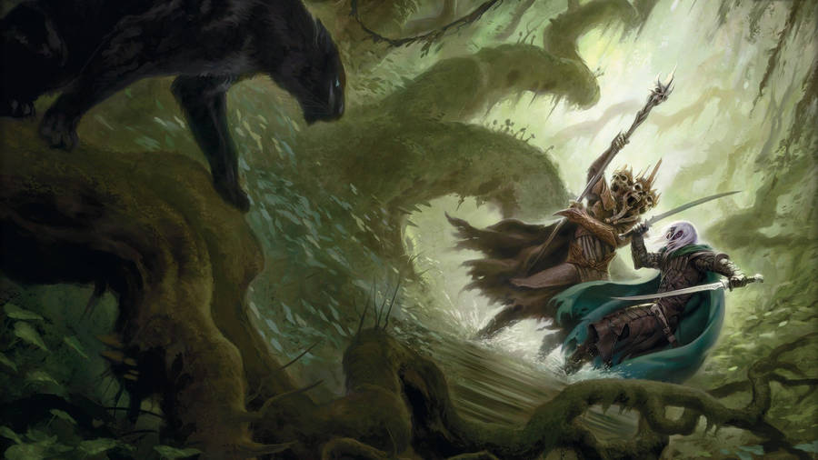 Join The Surreal Battle In The Dungeons & Dragons Enchanted Forest Wallpaper