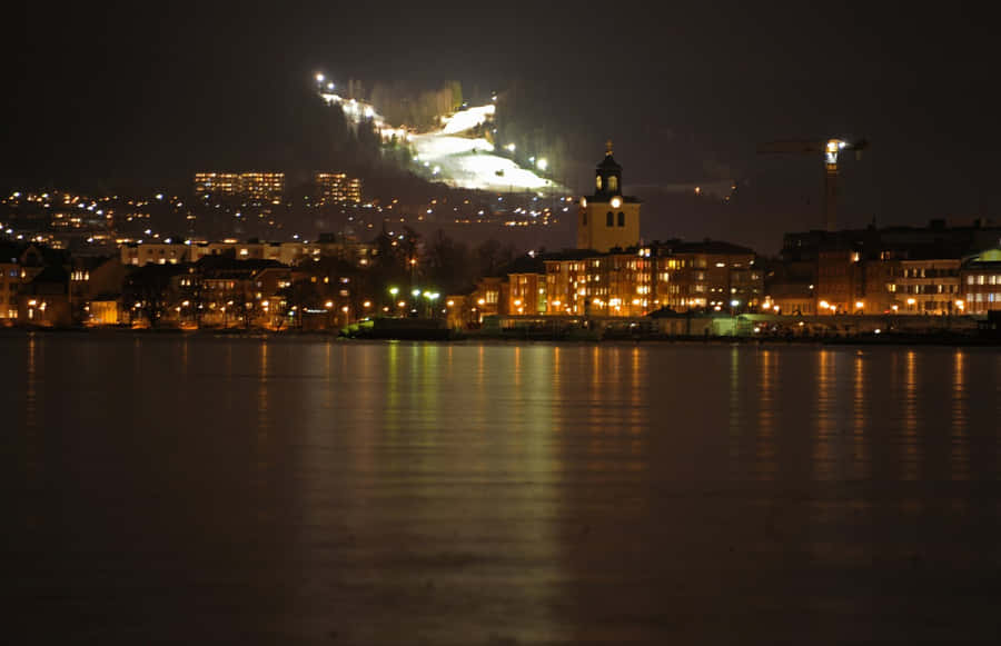 Jonkoping Night View Lake Vattern Sweden Wallpaper