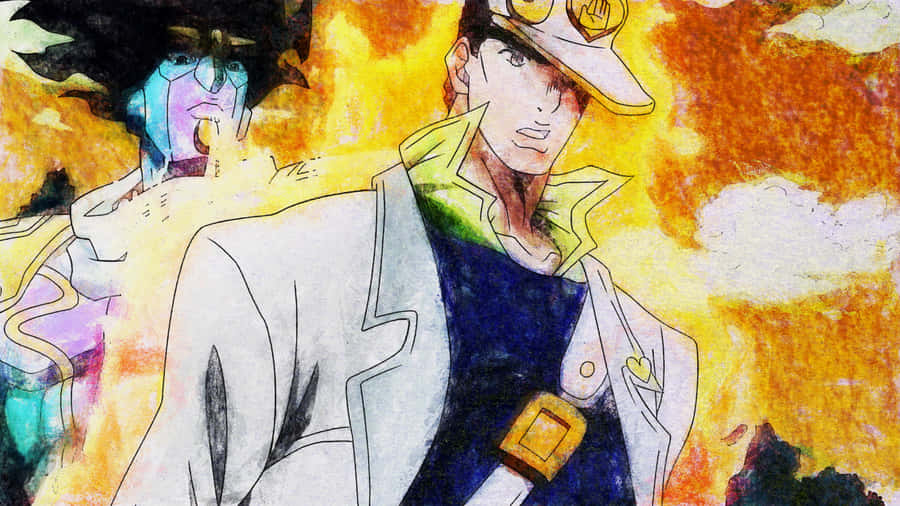 Jotaro Kujo Standing Fiercely In Jojo's Bizarre Adventure Wallpaper Wallpaper