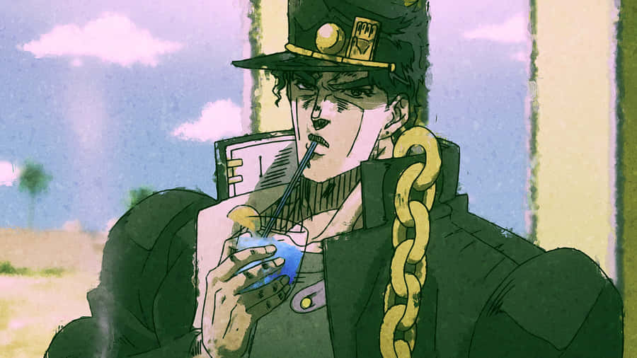 Jotaro Kujo Striking A Battle Pose In A Fierce And Stylish Look Wallpaper