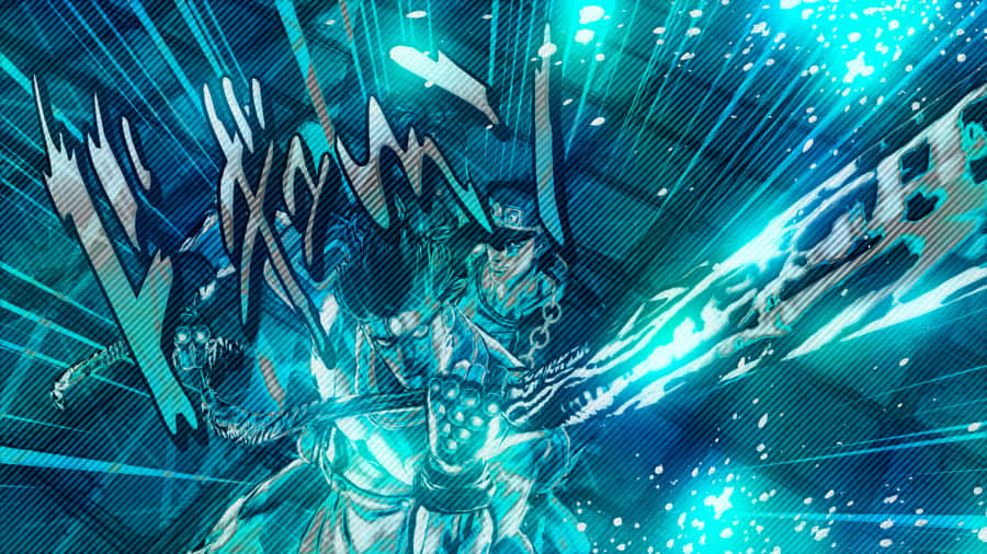 Jotaro Kujo Striking A Pose In His Iconic Outfit Against A Bold Blue Background. Wallpaper