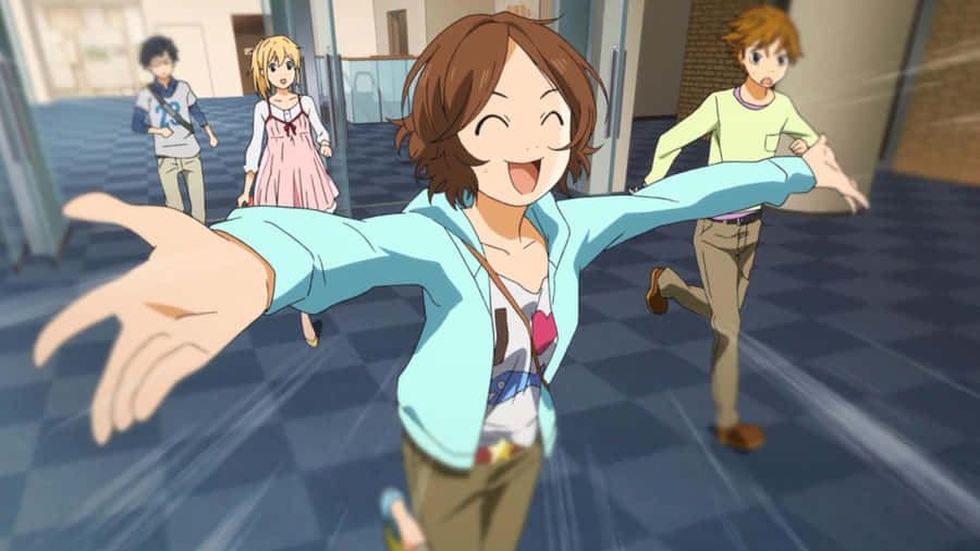 Joyful Anime Character Spreads Arms Wallpaper