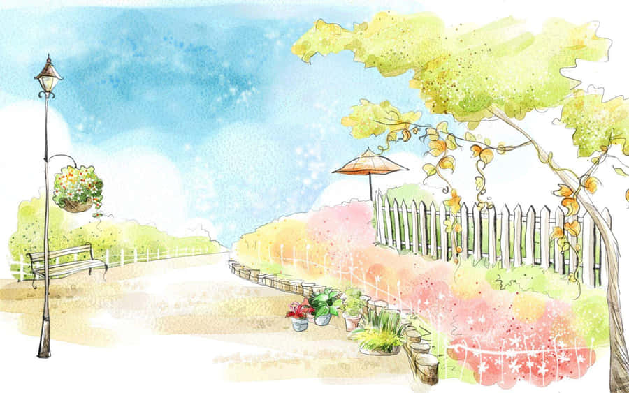 Joyful Cartoon Friends In A Surreal Landscape Wallpaper