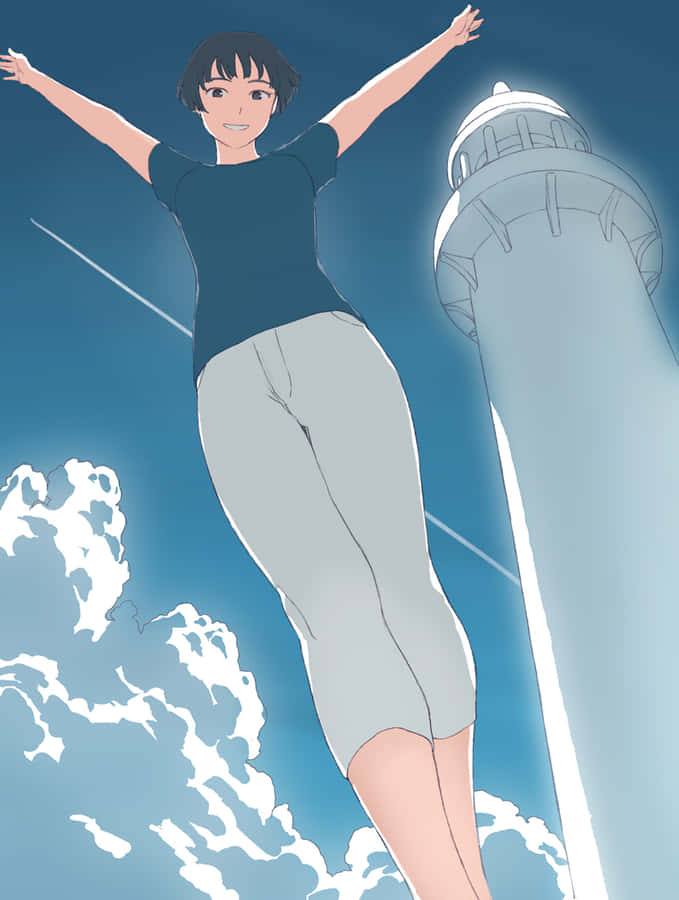 Joyful Character Leaping Beside Lighthouse Wallpaper