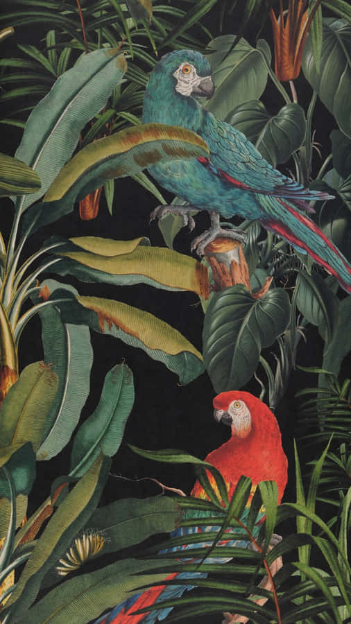 Jungle Print With Exotic Parrots Wallpaper