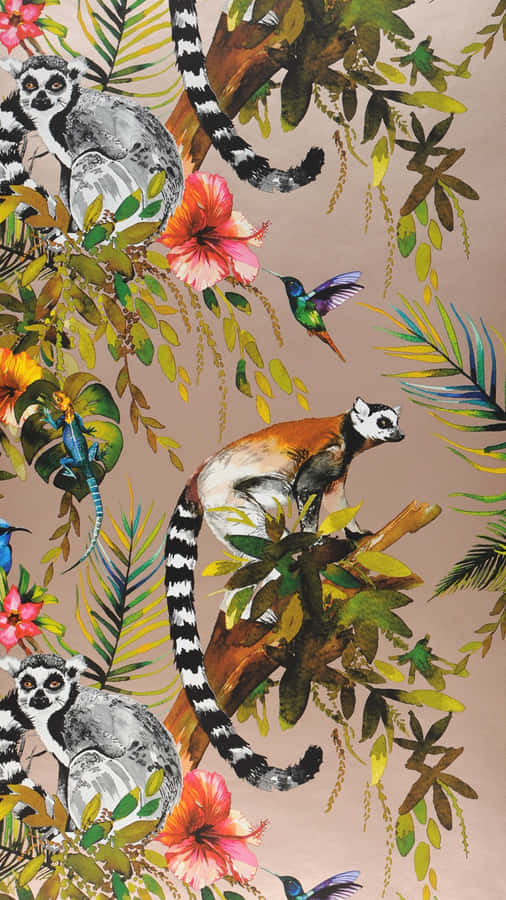Jungle Print With Lemurs Wallpaper