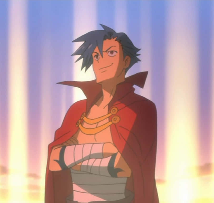 Kamina From Gurren Lagann Striking A Powerful Pose Against A Blue Background With Fiery Markings. Wallpaper