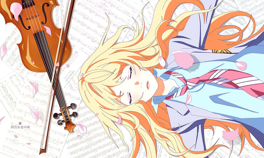 Kaori Miyazono Violinand Sakura Petals Wallpaper