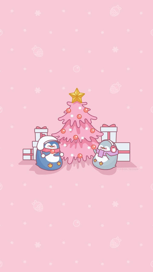 Kawaii Christmas Penguins Wallpaper