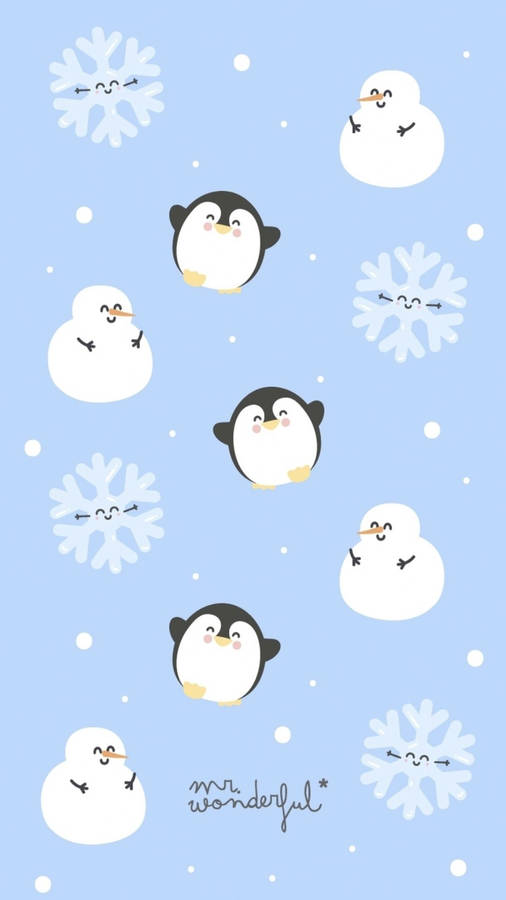 Kawaii Christmas Snowman And Penguins Wallpaper