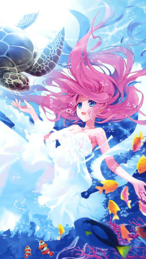 Kawaii Mermaid Swimming Undersea Wallpaper