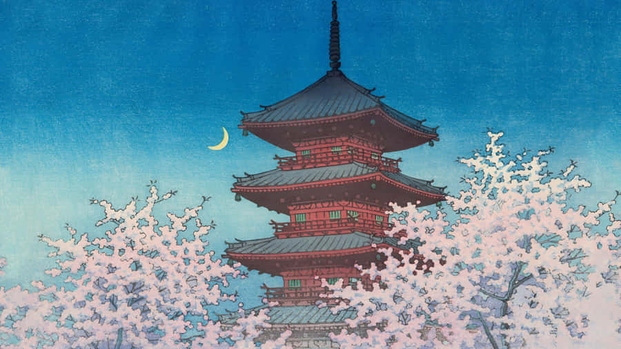 Kawase Hasui Cherry Blossom Pagoda Wallpaper