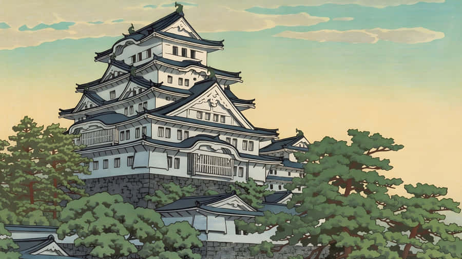 Kawase Hasui Japanese Castle Scene Wallpaper