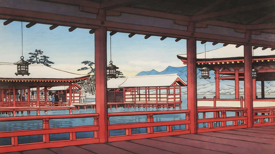 Kawase Hasui Red Shrine View Wallpaper
