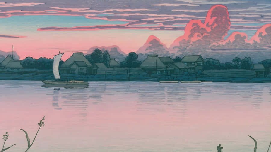 Kawase Hasui Serene Lakeside Sunset Wallpaper