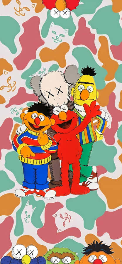 Kaws Sesame Street Characters Camouflage Background Wallpaper