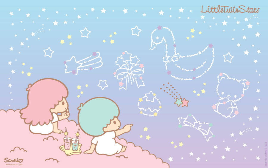 Kiki And Lala Of Sanrio's Little Twin Stars Over A Vibrant Purple Backdrop Wallpaper