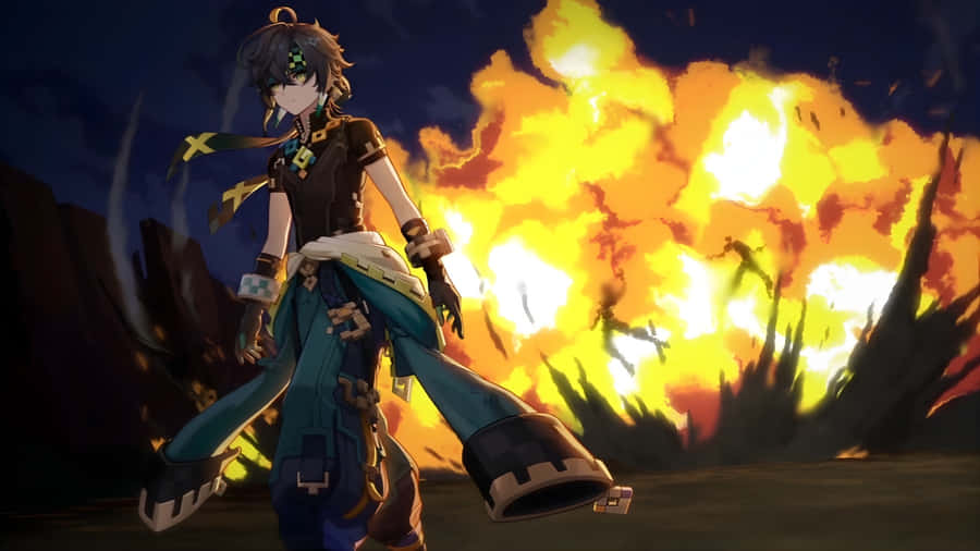 Kinich Warrior Amid Fiery Explosion Wallpaper