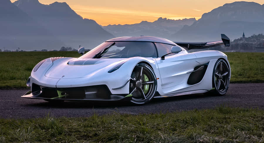 Koenigsegg Jesko White Supercar Mountain Backdrop Wallpaper