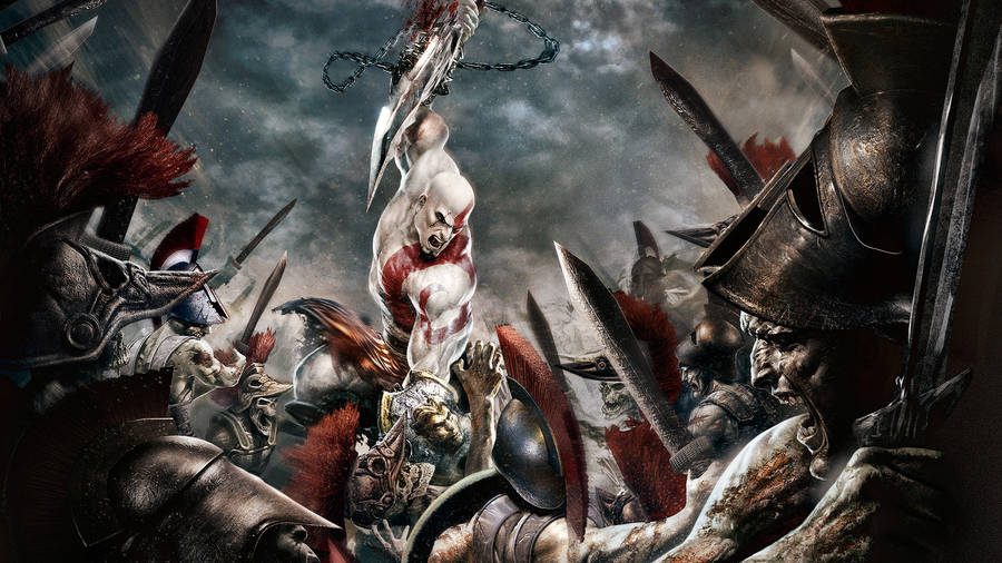 Kratos, A Spartan Warrior, Leads The Charge Against An Army In The God Of War Series. Wallpaper