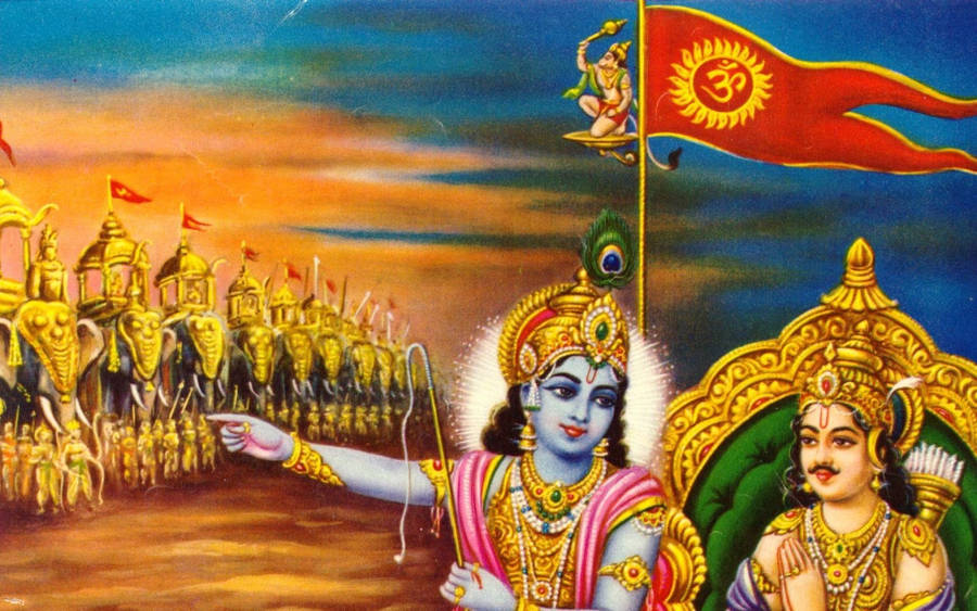 Krishna Arjun Kurukshetra War Flag Wallpaper