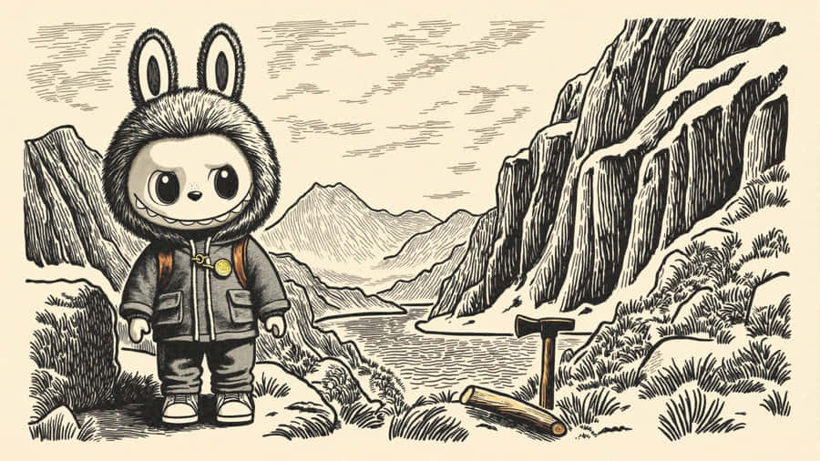 Labubu Adventure In Mountain Landscape Wallpaper