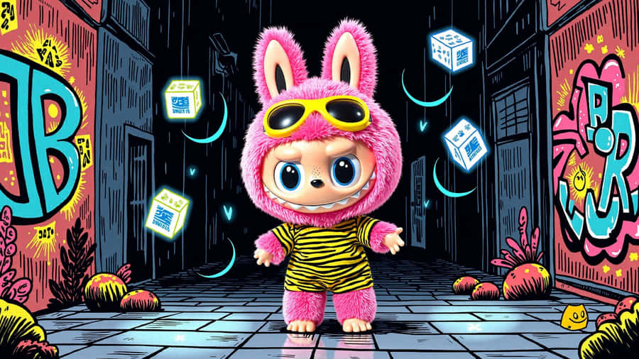 Labubu Neon Street Adventure Wallpaper