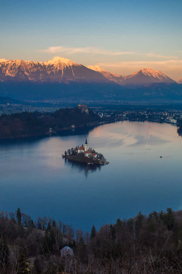 Lake Bled Island Mountains Sunset Wallpaper