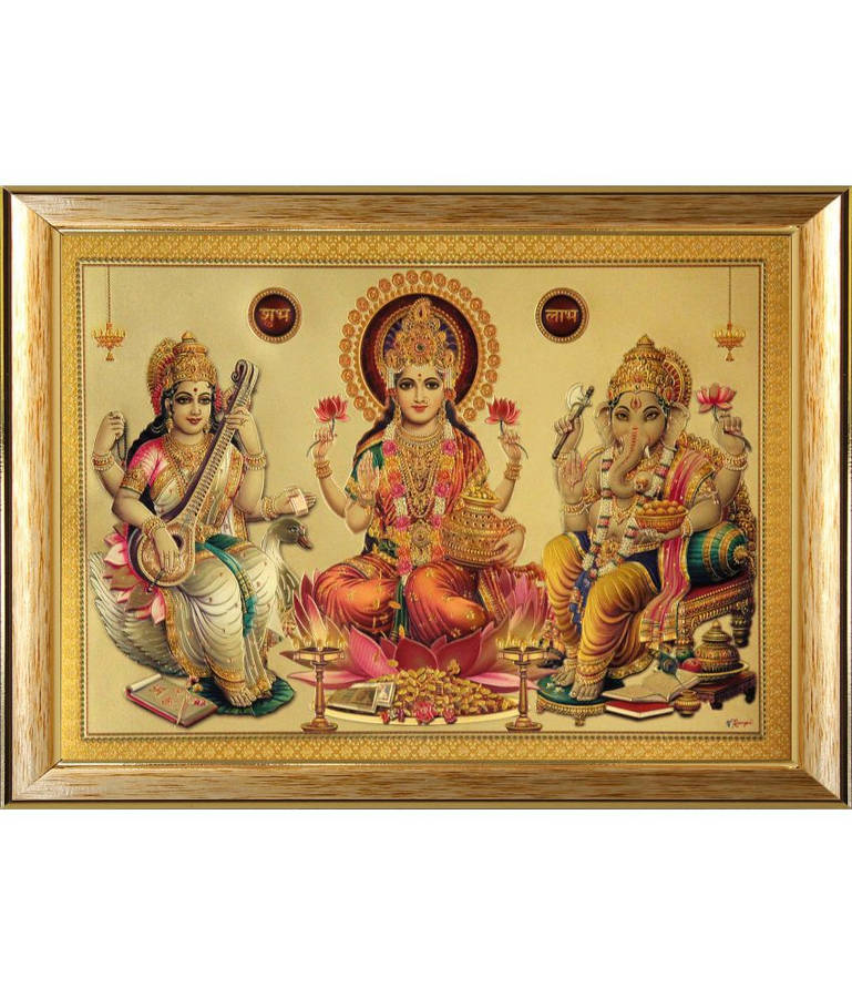 Laxmi Ganesh Saraswat Golden Rack Wallpaper