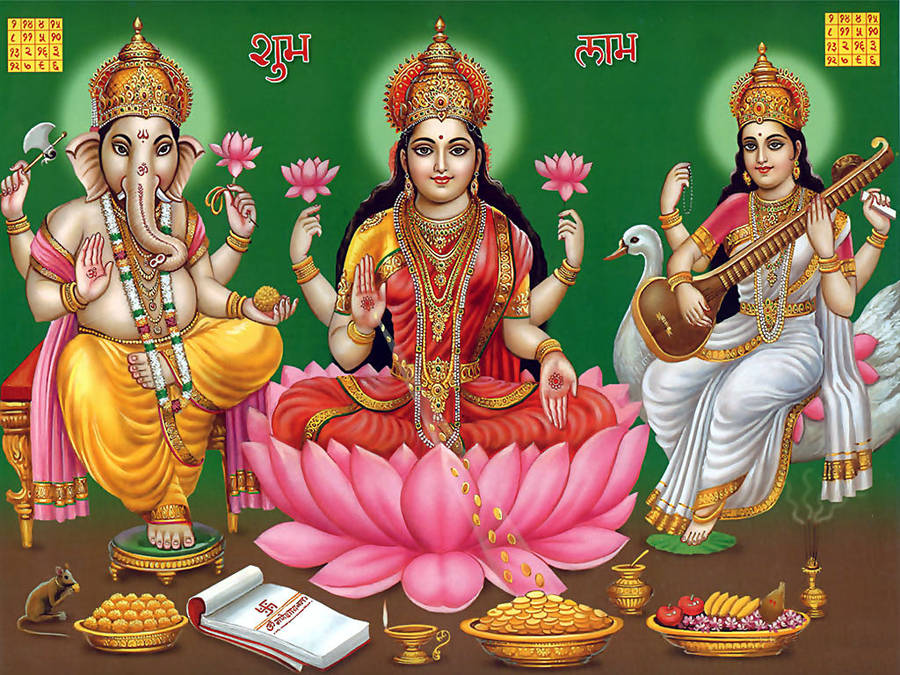 Laxmi Ganesh Saraswat Pink Lotus Wallpaper
