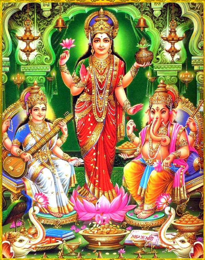 Laxmi Ganesh Saraswati Neon Green Temple Wallpaper